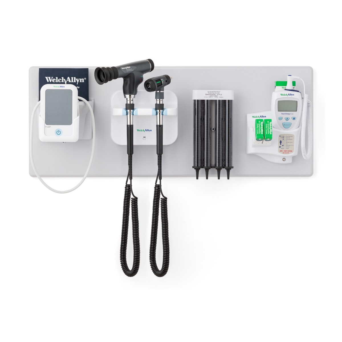777 Integrated Wall System with ProBP 2000 device, otoscope, PanOptic ophthalmoscope, probe covers and SureTemp thermometer