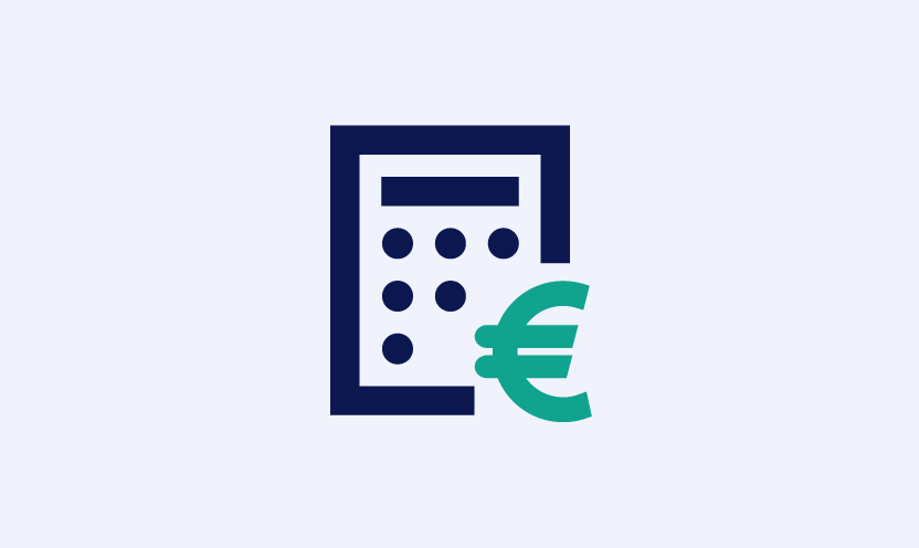 An illustration of a calculator with a Euro symbol represents cost savings